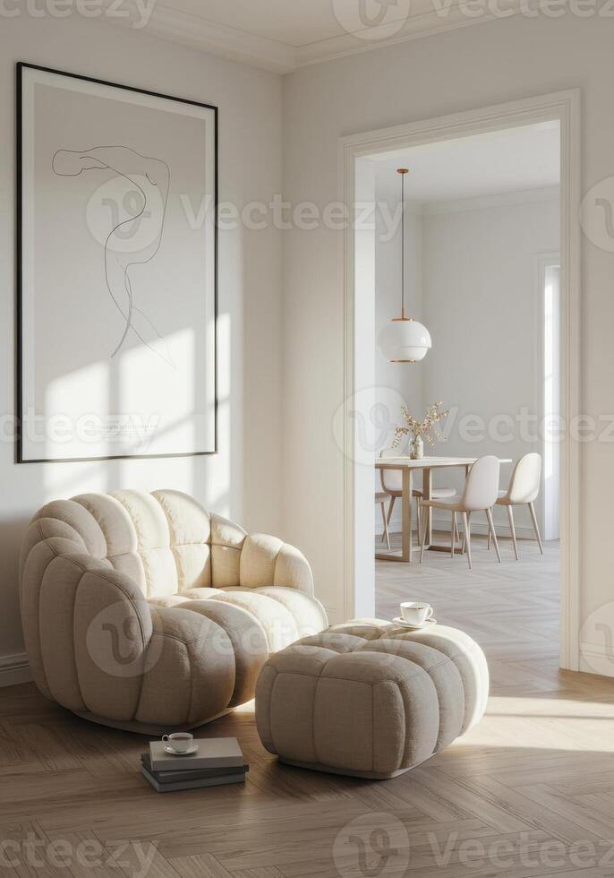 Stylish frame preview, home wall decor scene. Elegant lounge backdrop with trendy furnishings. Contemporary ambiance visualization. 3D render. photo