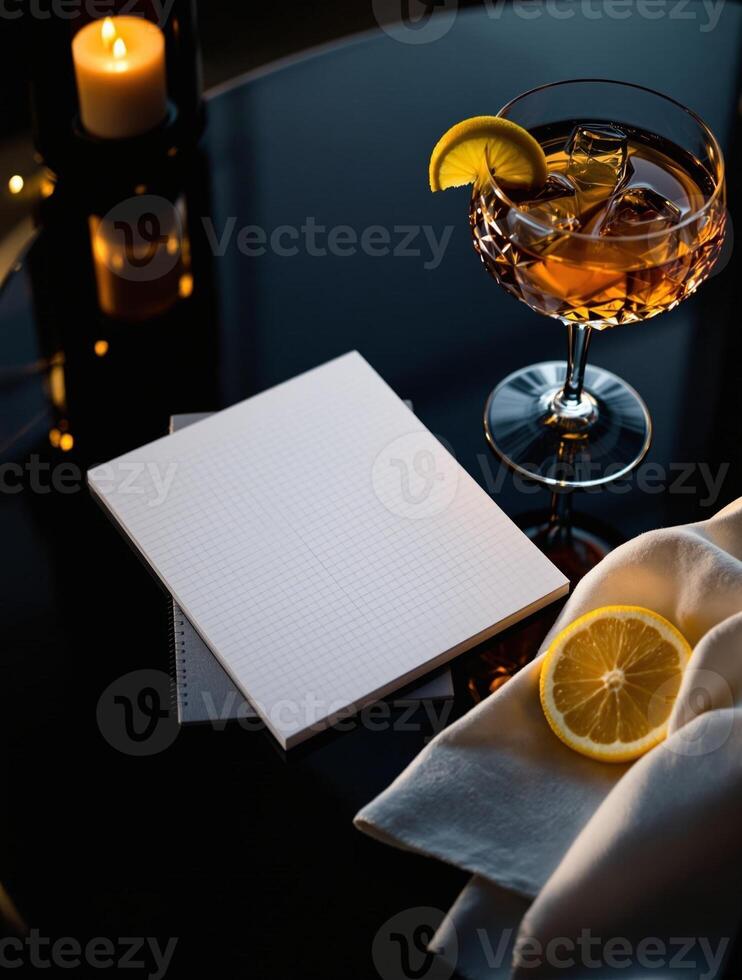 A notepad, napkin and a glass of wine on a table photo