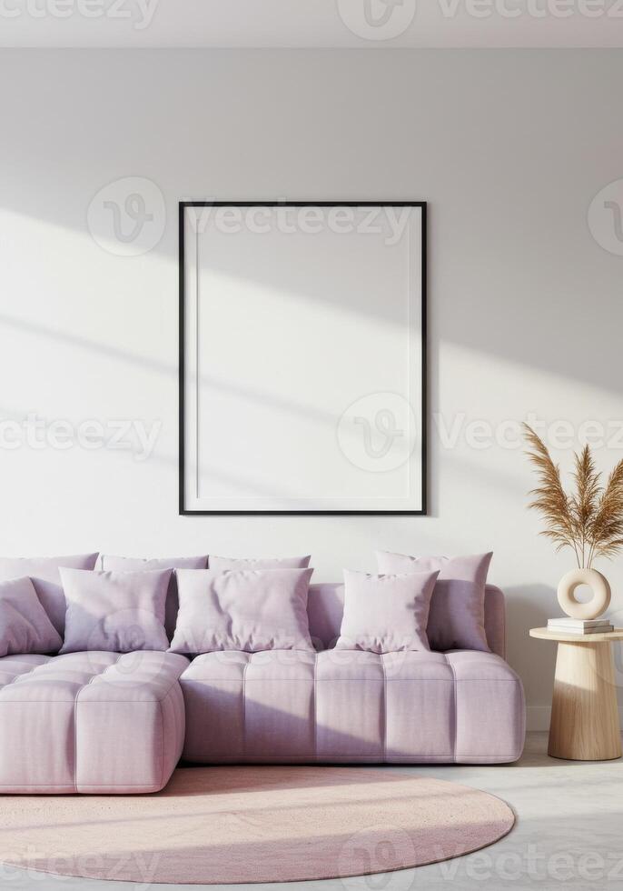 Home interior poster, elegant frame setup. Modern lounge backdrop with artistic decor. Contemporary styling visualization. 3D digital render. photo