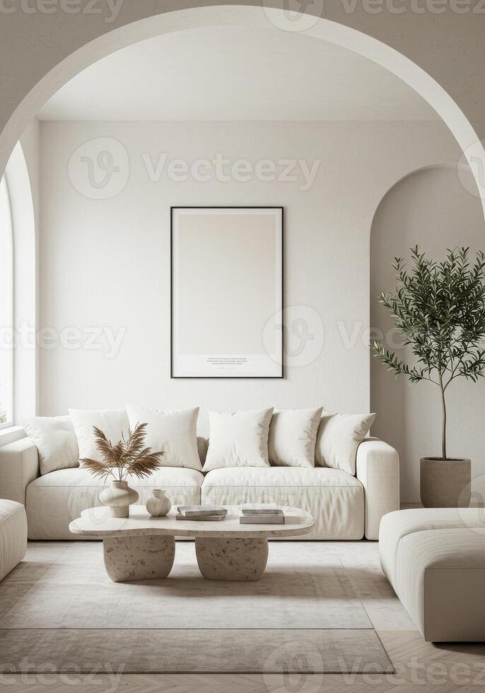 Stylish living space, frame decor preview. Modern home wall display with artistic styling. Elegant ambiance setup. 3D digital render. photo