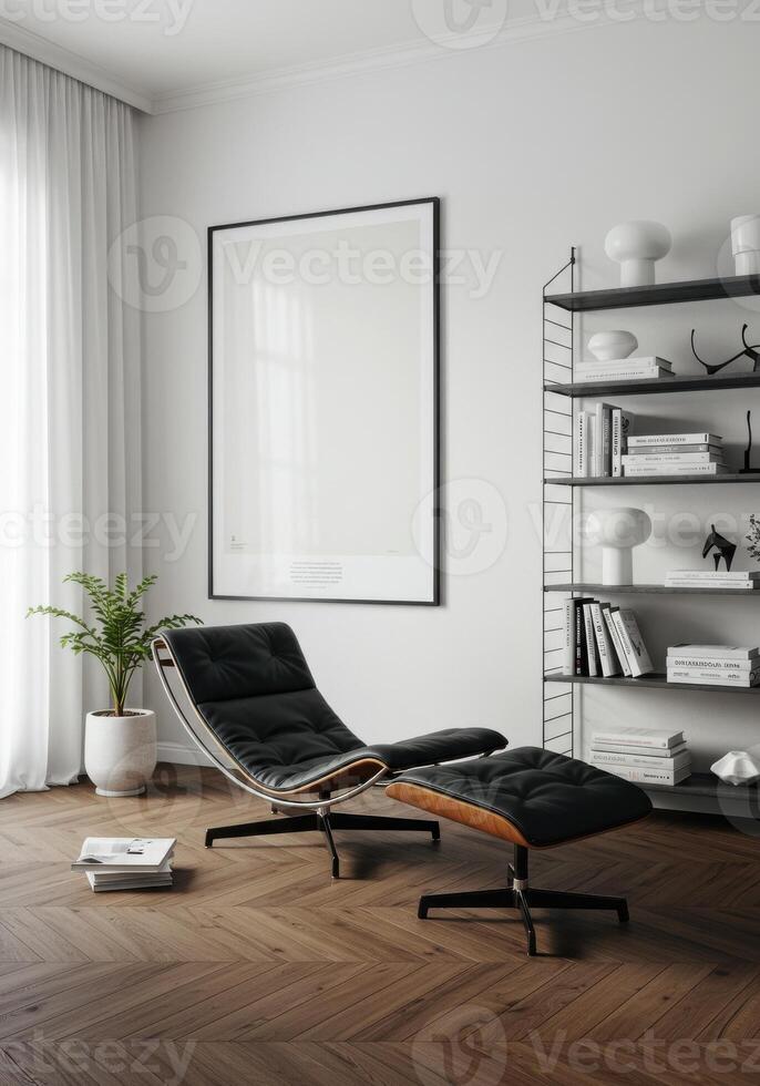 Artwork frame mockup, home interior wall preview. Cozy living space styling with elegant backdrop. Decorative modern layout. 3D digital scene. photo
