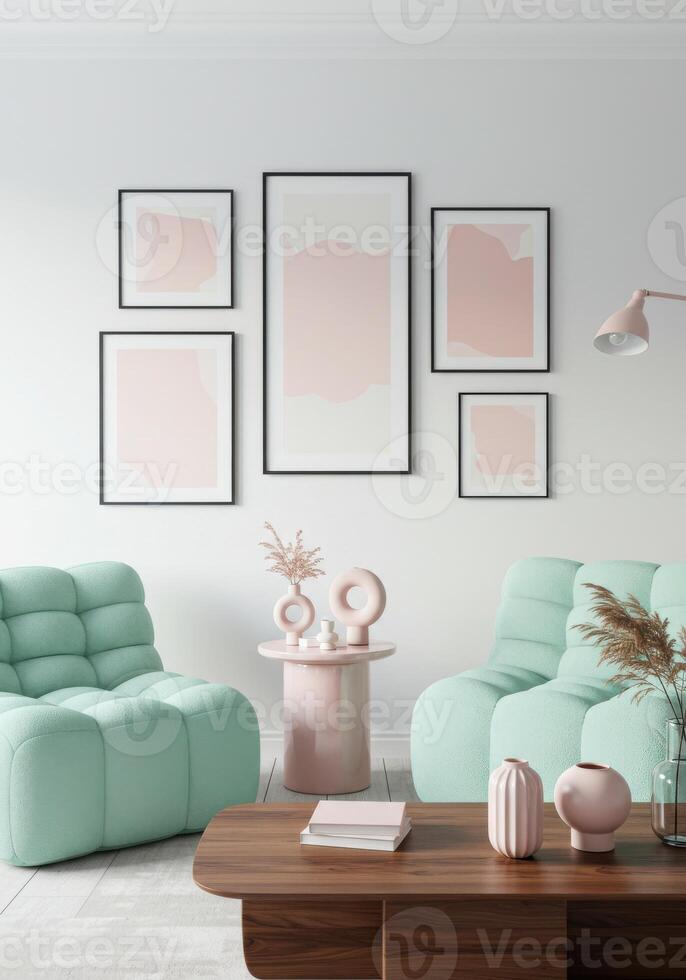 Wall poster frame, stylish home decor sample. Contemporary lounge backdrop with artistic elements. Sleek room setup. 3D rendered concept. photo