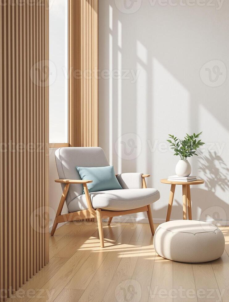 A modern living room with a white chair and a wooden floor photo