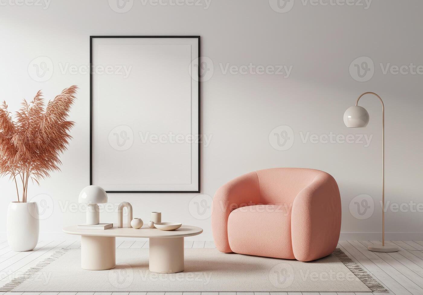 Home wall display, trendy interior frame. Stylish lounge setup with modern furnishings. Decorative ambiance showcase. 3D rendered visualization. photo