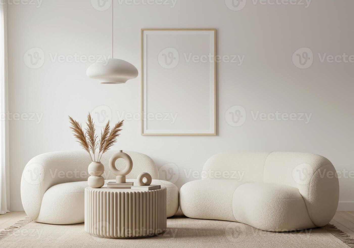 Wall frame display, stylish room poster mockup. Trendy house interior with decorative background. Modern furnishing layout. 3D digital render. photo