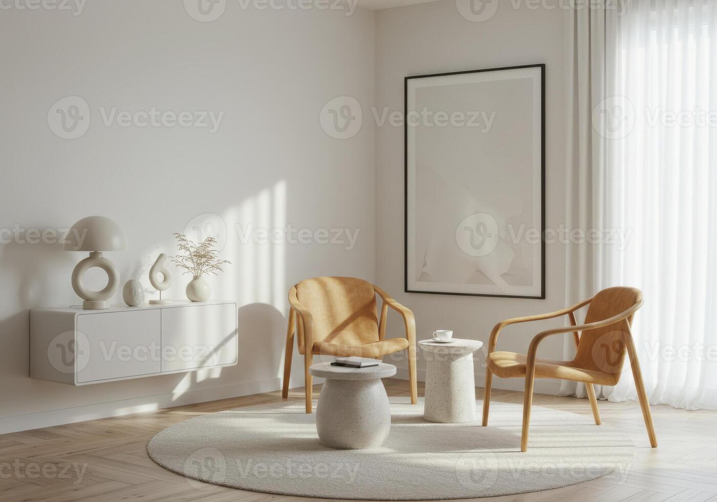 Living room poster, modern home wall frame setup. Stylish interior setting with house backdrop. Decorative ambiance presentation. 3D model. photo
