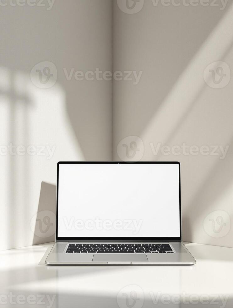 Laptop on a table in front of a white wall photo