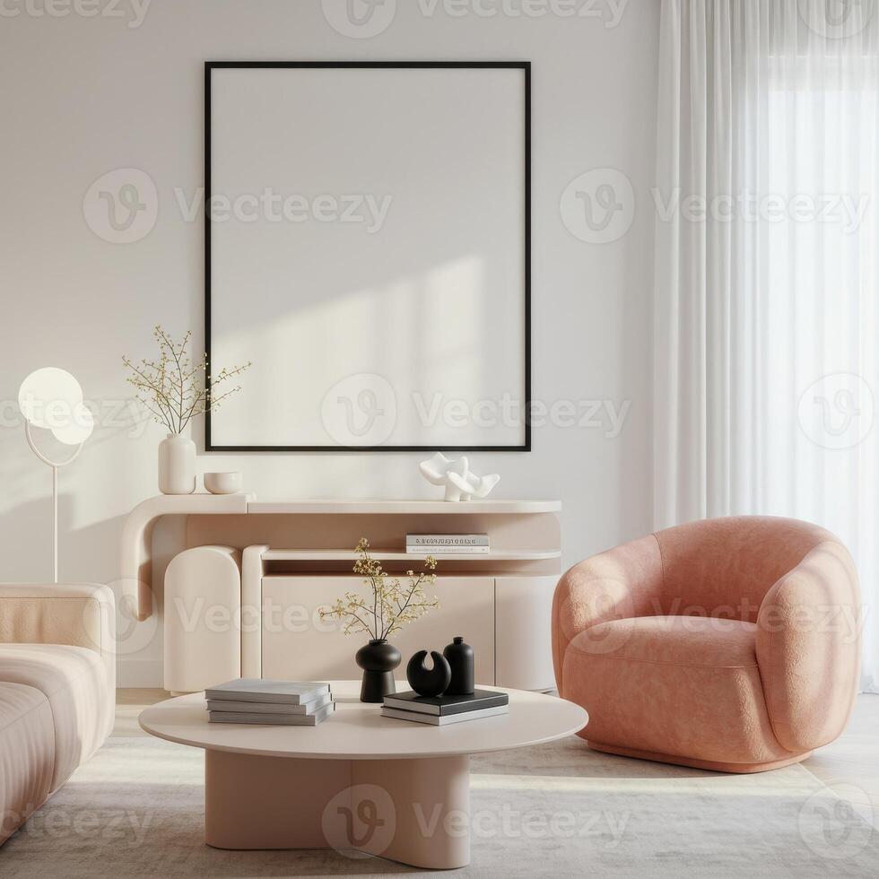 Living space frame setup, elegant home decor. Stylish wall display with contemporary background. Trendy interior concept. 3D render scene. photo