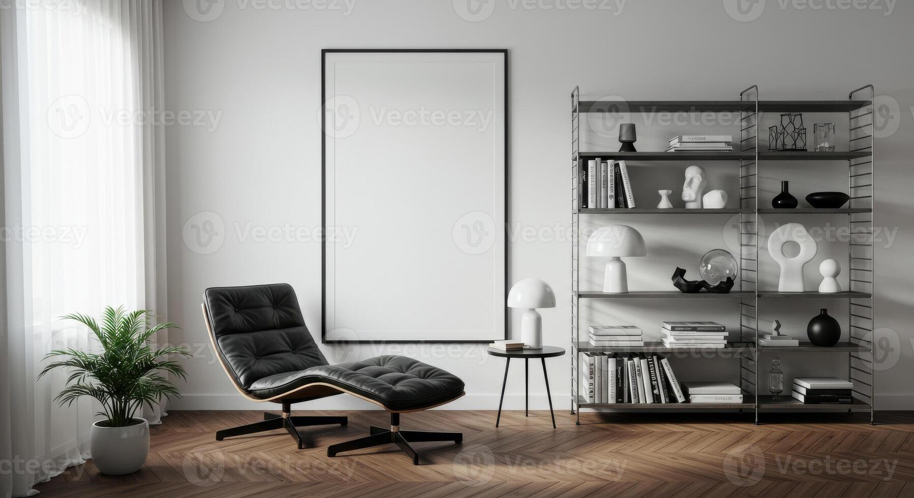 Wall frame setup, trendy home decor scene. Cozy interior backdrop with modern furnishings. Elegant styling concept. 3D render. photo