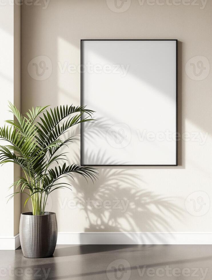 A blank frame in a room with a plant photo