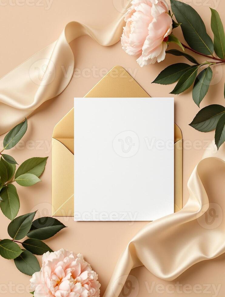 Wedding invitation with envelope and flowers on beige background top view photo