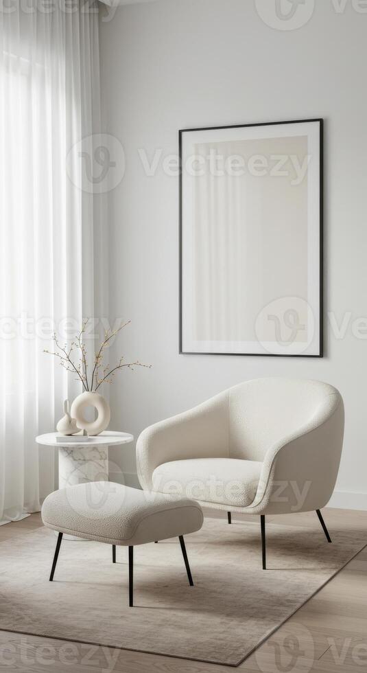 Frame setup, modern home decor preview. Trendy living room ambiance with artistic backdrop. Cozy scene visualization. 3D digital render. photo