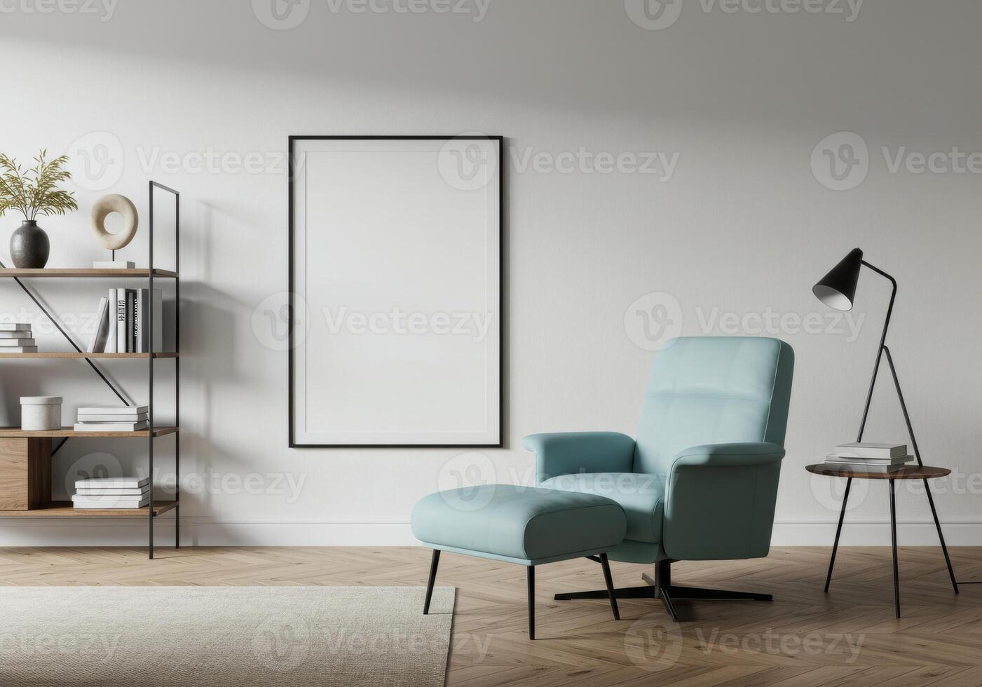Trendy poster frame, stylish lounge interior. Decorative house backdrop with cozy design. Elegant modern setup. 3D rendered visualization. photo