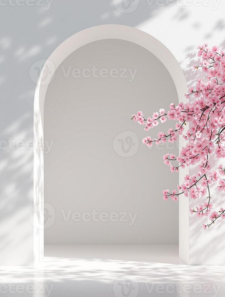 An open doorway with a pink cherry tree in front of it photo
