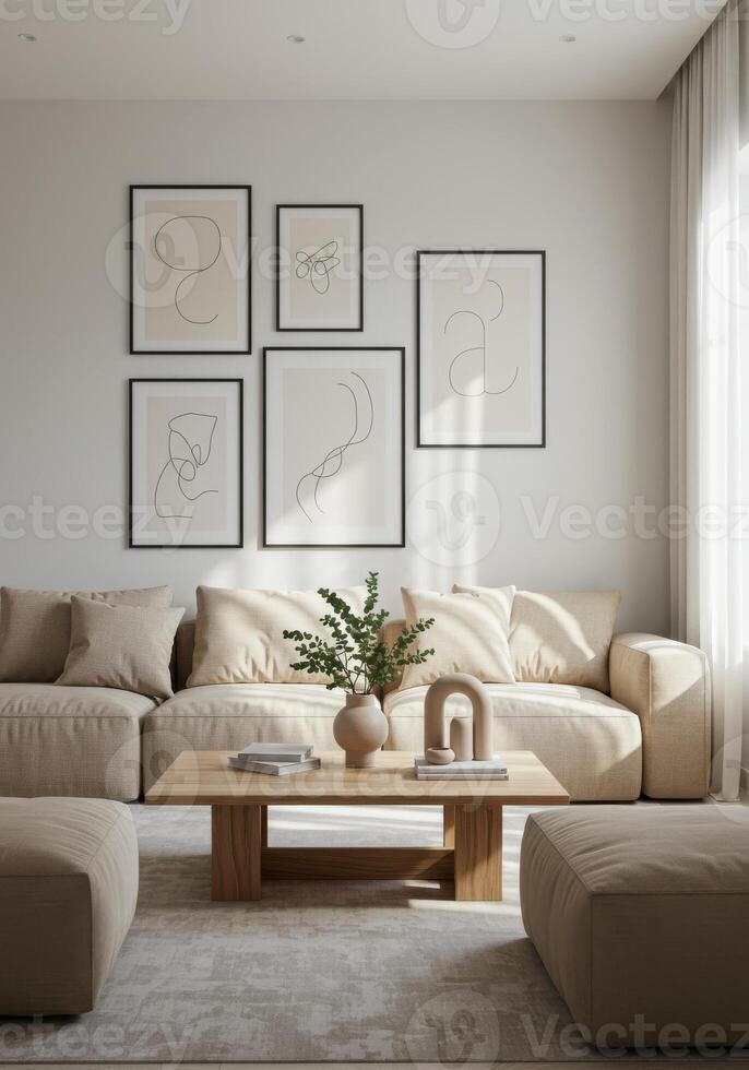 Interior wall frame, home decor poster layout. Stylish residence backdrop with modern elements. Elegant aesthetic presentation. 3D visualization. photo