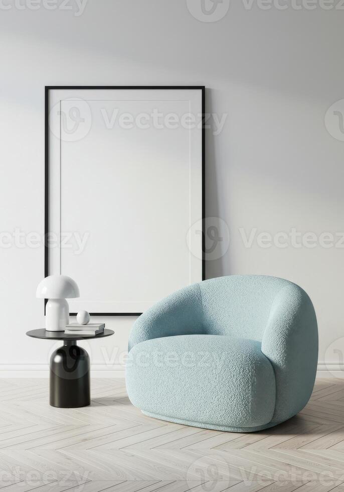 Frame design showcase, modern living room poster preview. Artistic home background with sleek setup. photo