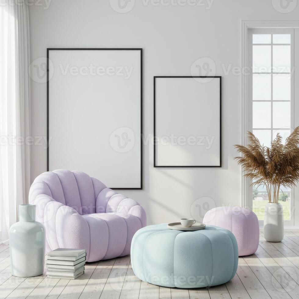 Modern interior frame, cozy wall decor display. Stylish home ambiance with trendy furnishings. Elegant poster showcase. 3D visualization. photo