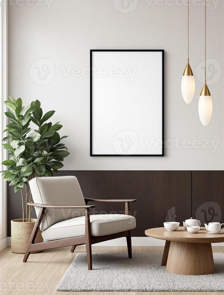 A modern living room with a chair and a picture frame photo