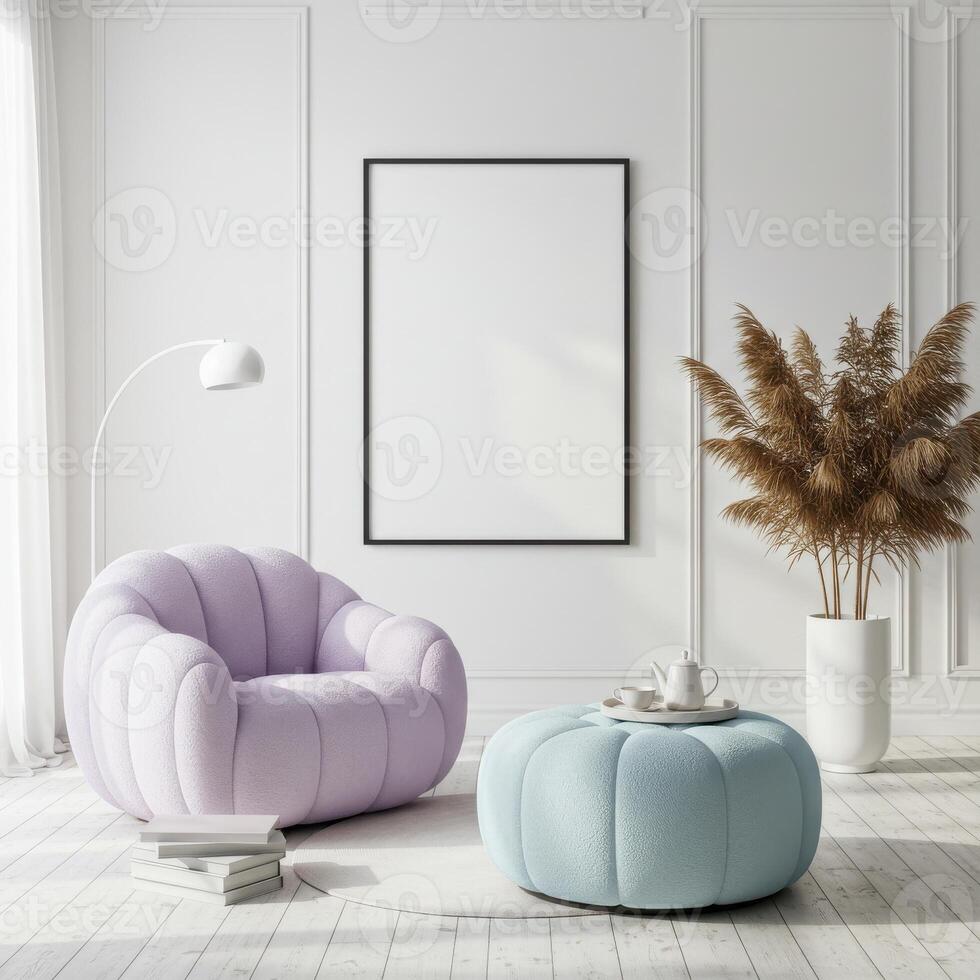 Stylish poster showcase, living space preview. Elegant room styling with modern decor. Cozy house backdrop display. 3D artistic render. photo