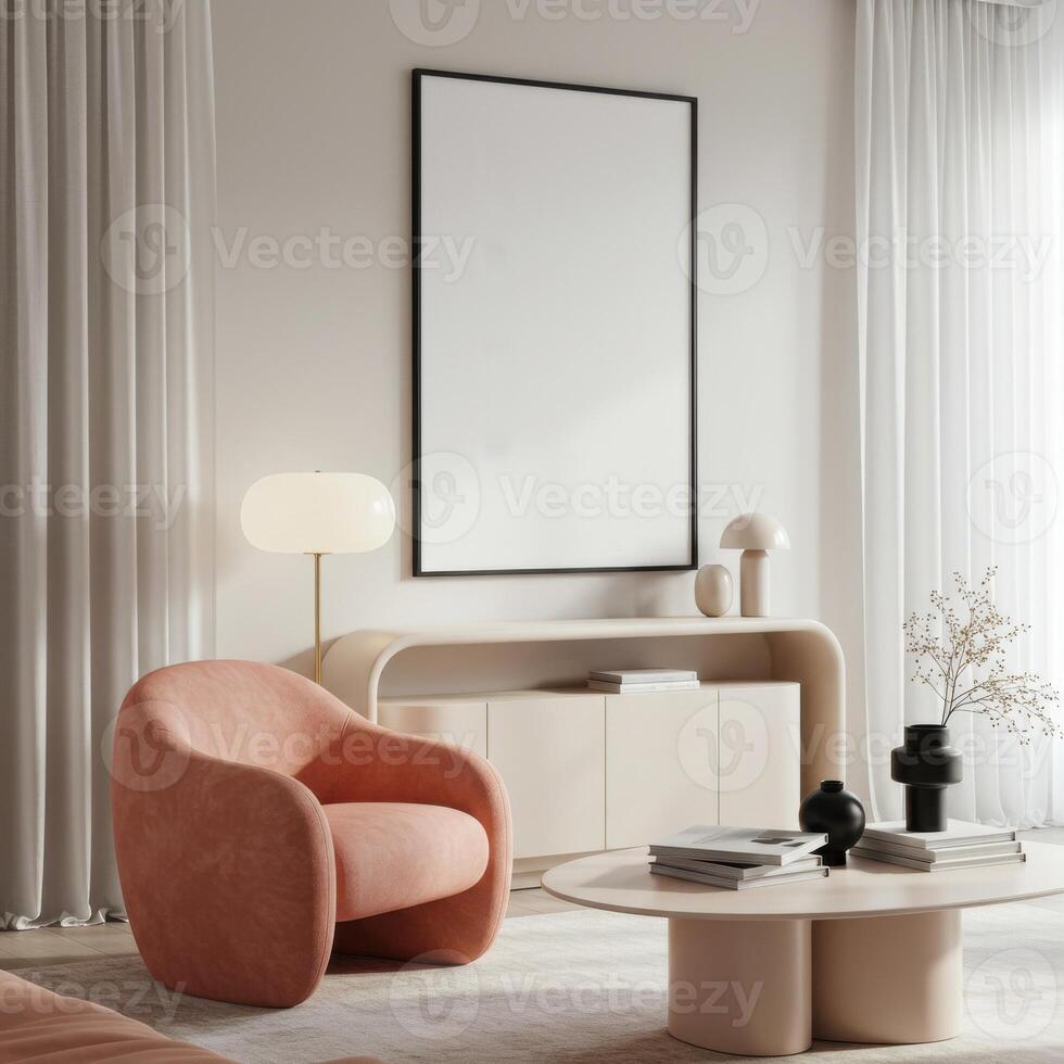 Interior wall display, stylish poster mockup. Contemporary lounge setup with decorative backdrop. Elegant modern styling. 3D visualization. photo