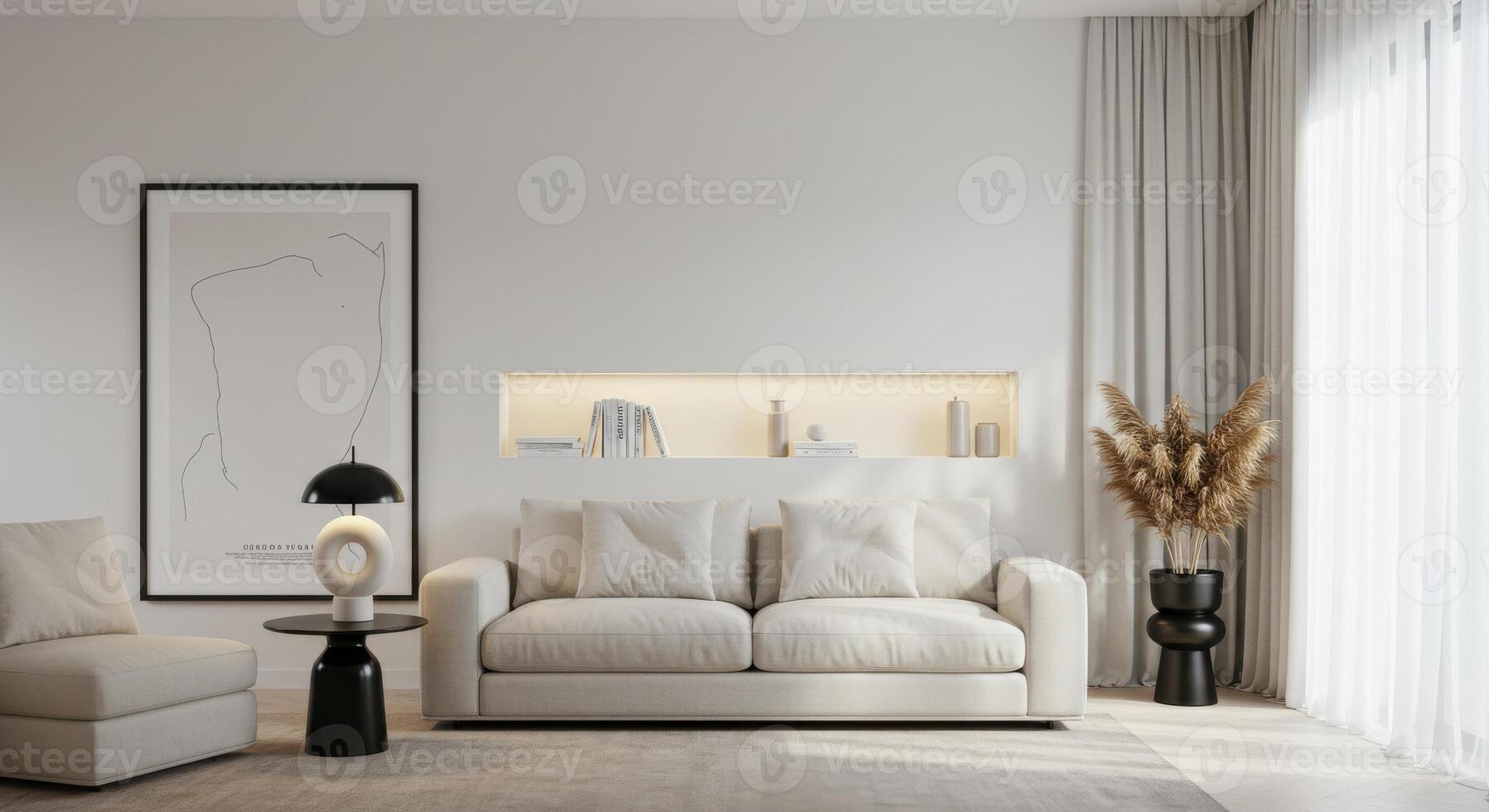 Interior decor mockup, trendy frame setup. Cozy home background with stylish wall poster display. photo