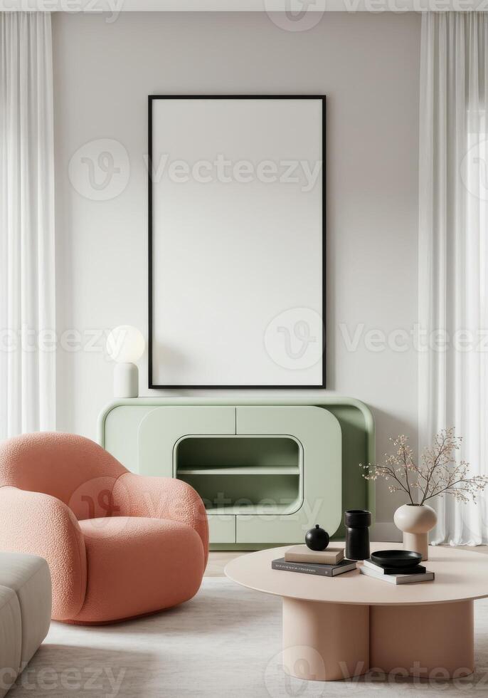 Living room frame, modern wall decor mockup. Stylish house ambiance with cozy furnishings. Elegant visualization display. 3D model. photo