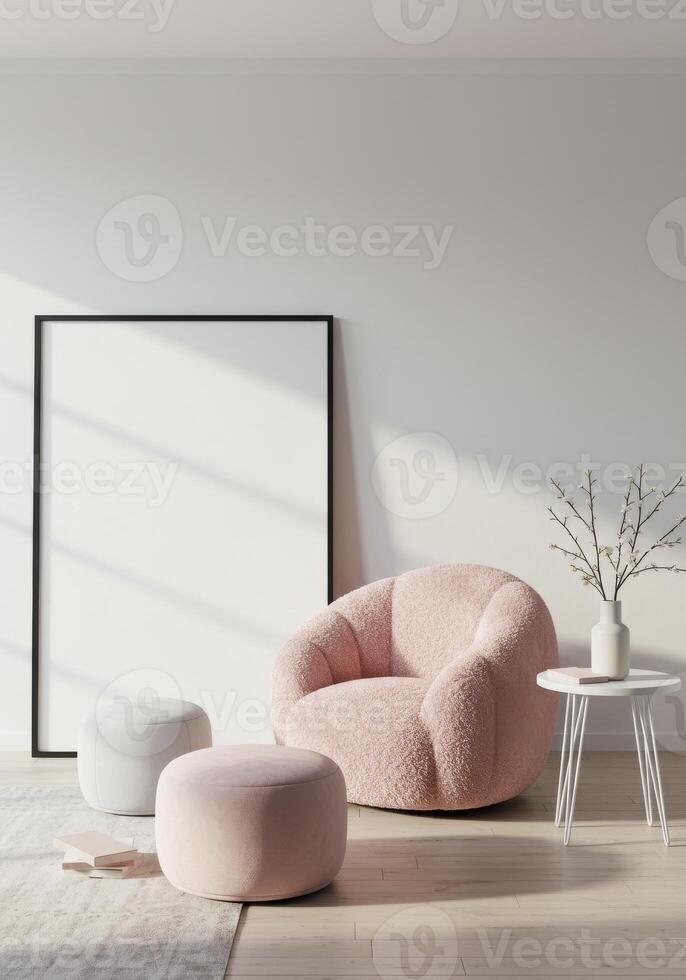 Modern artwork frame, cozy home wall display. Trendy interior scene with decorative ambiance. Elegant styling showcase. 3D digital render. photo