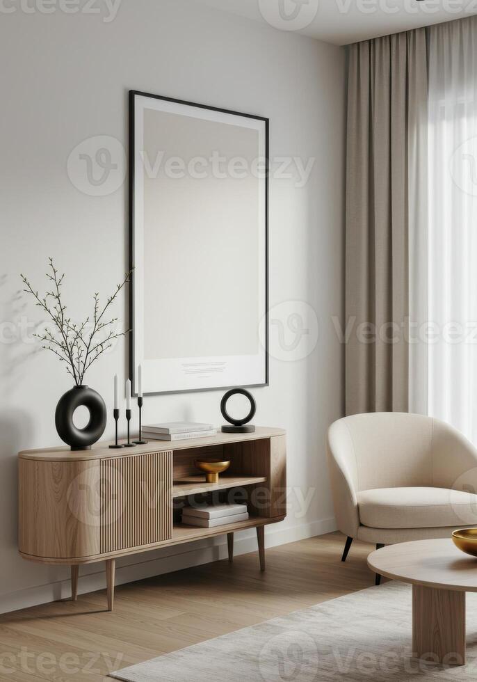 Frame preview, stylish home wall setup. Cozy living room backdrop with trendy furnishings. Decorative ambiance display. 3D model. photo