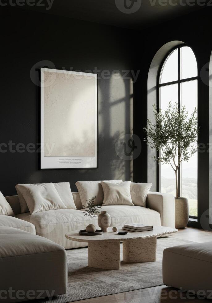 Interior poster mockup, elegant home frame. Trendy living space backdrop with artistic decor. Contemporary scene presentation. 3D render. photo