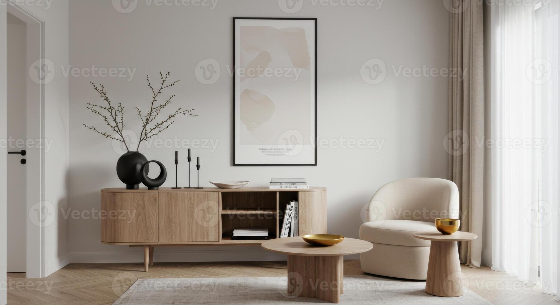 Home artwork display, trendy wall poster. Stylish interior backdrop with modern furnishings. Decorative scene presentation. 3D render. photo