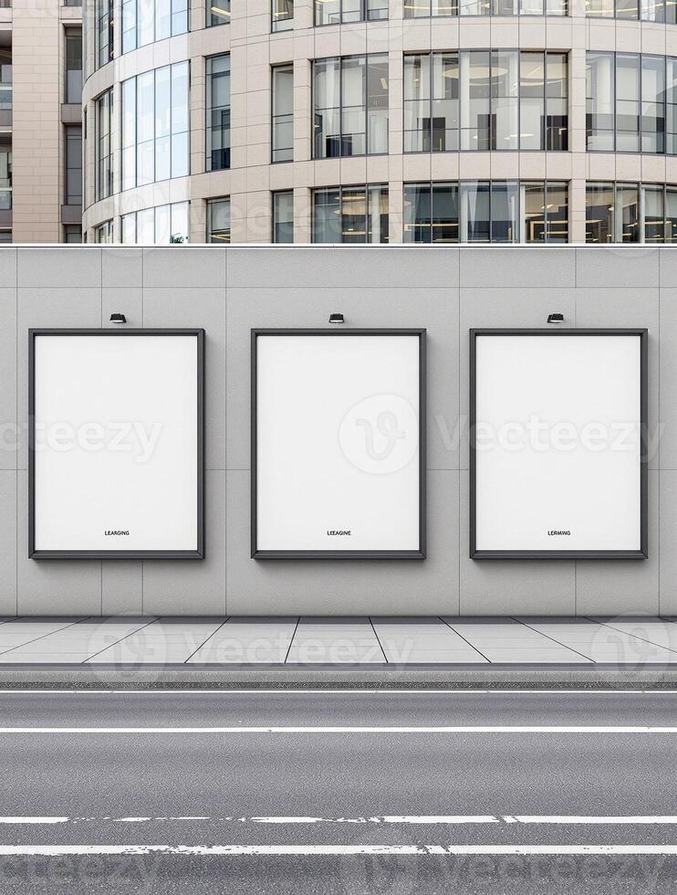Three blank square billboards on a wall in front of a building photo
