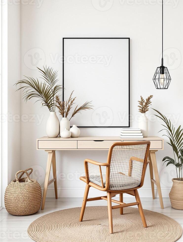 A white room with a wooden chair, a lamp and a framed picture photo