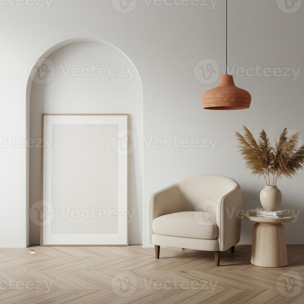 Room wall frame, trendy interior poster sample. Modern home backdrop with stylish furnishings. Elegant design ambiance. 3D rendered scene. photo
