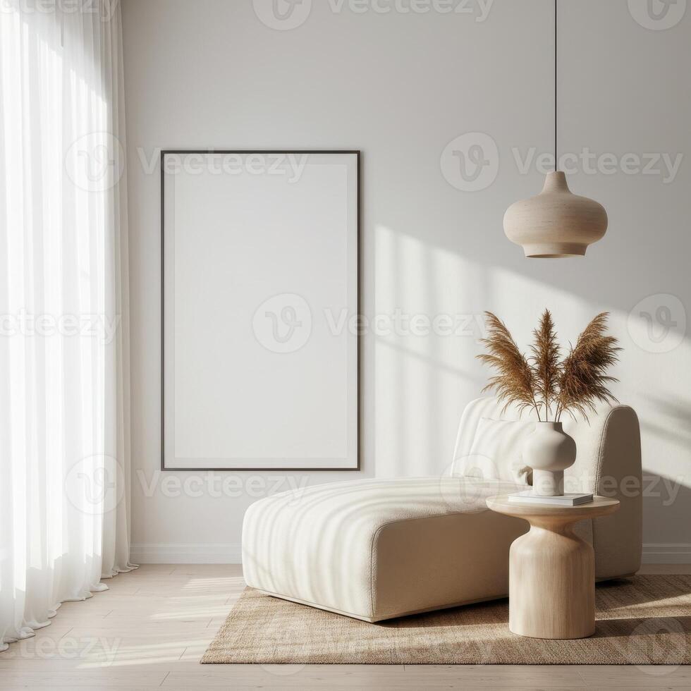 Interior styling, trendy poster frame. Elegant home backdrop with cozy decor. Decorative ambiance visualization. 3D modeled scene. photo