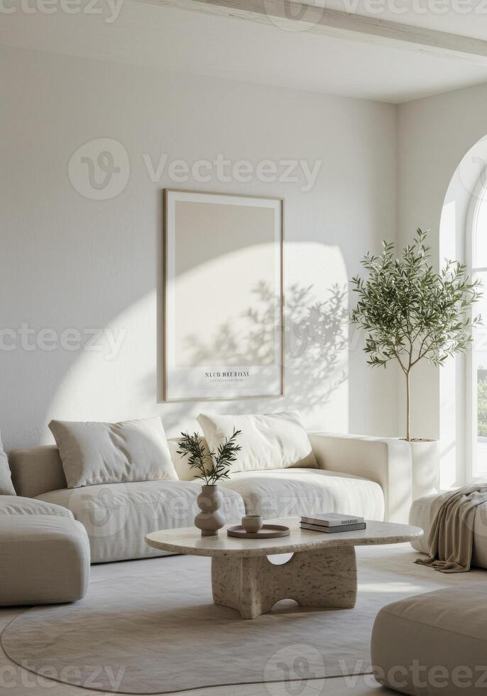 Elegant wall decor, home interior frame. Stylish living space backdrop with decorative styling. Cozy ambiance preview. 3D digital scene. photo