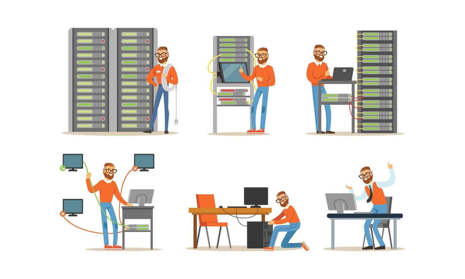 Man Engineer Working in Server Room. Digital Computer Center and Data Support vector