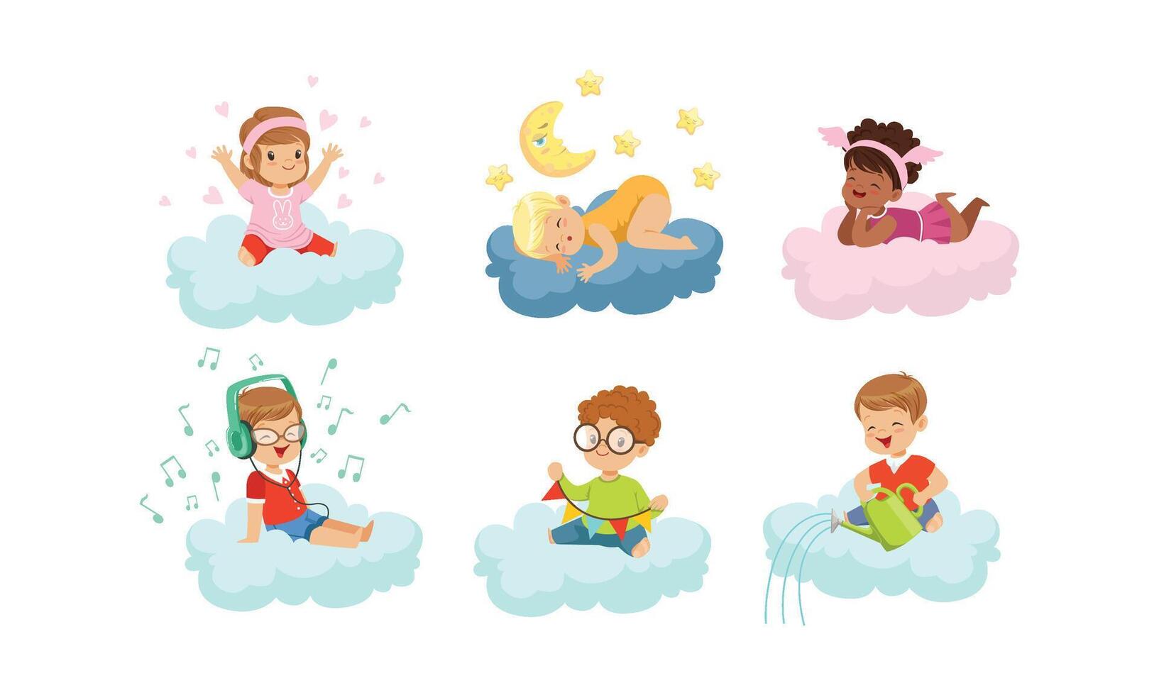 Smiling Kids Sitting on Clouds and Doing Different Things Illustrations Set vector