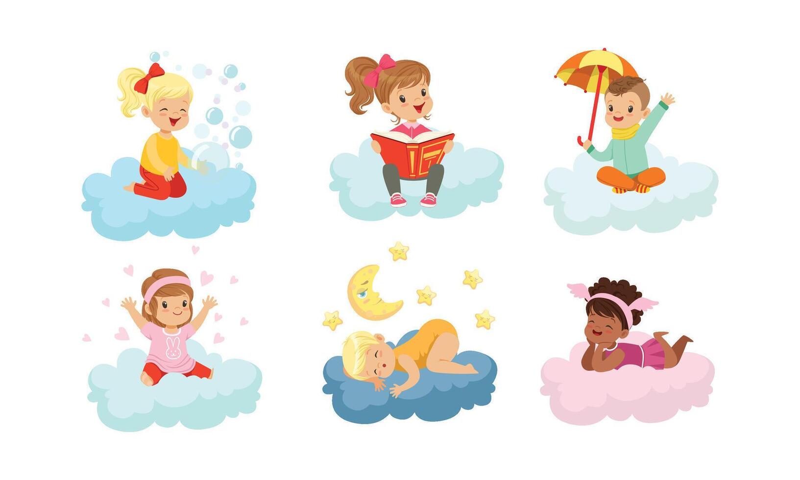 Smiling Kids Sitting on Clouds and Doing Different Things Illustrations Set vector