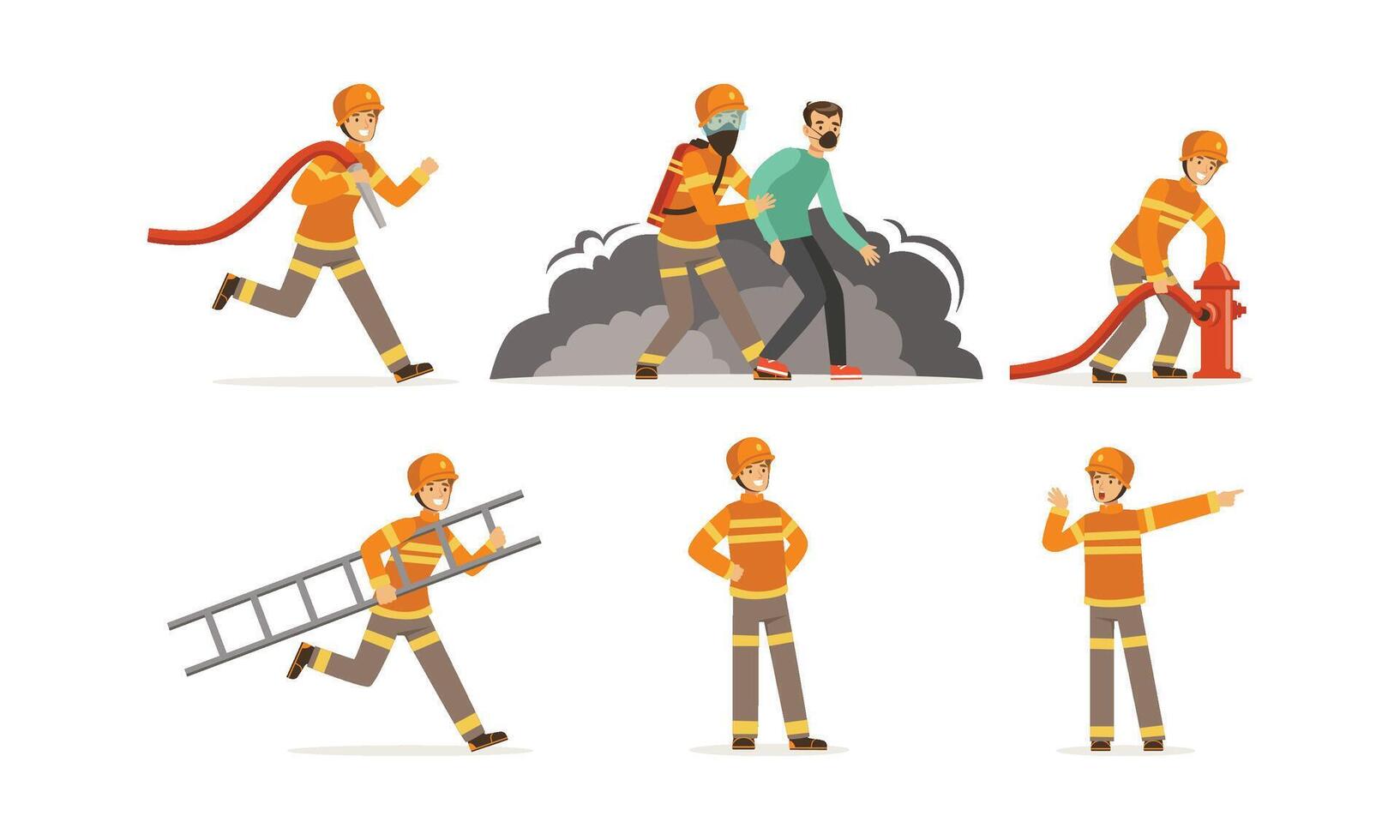 Young Firefighter Wearing Uniform Performing His Duties and Saving People Illustrations vector