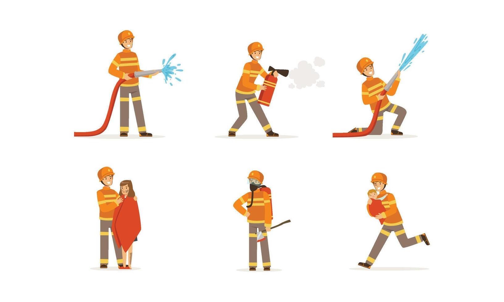 Young Firefighter Wearing Uniform Performing His Duties and Saving People Illustrations vector