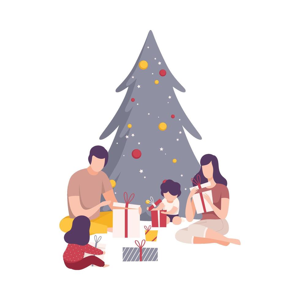 Family Sitting Under the Christmas Tree Unwrapping Gift Boxes Illustration vector