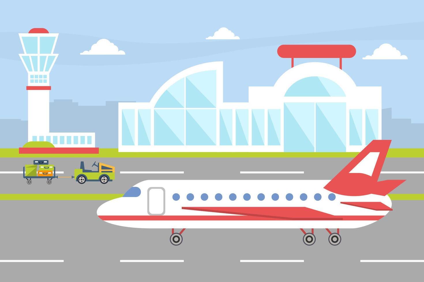 Airport with Plane on the Runway Ready to Take off Illustration vector