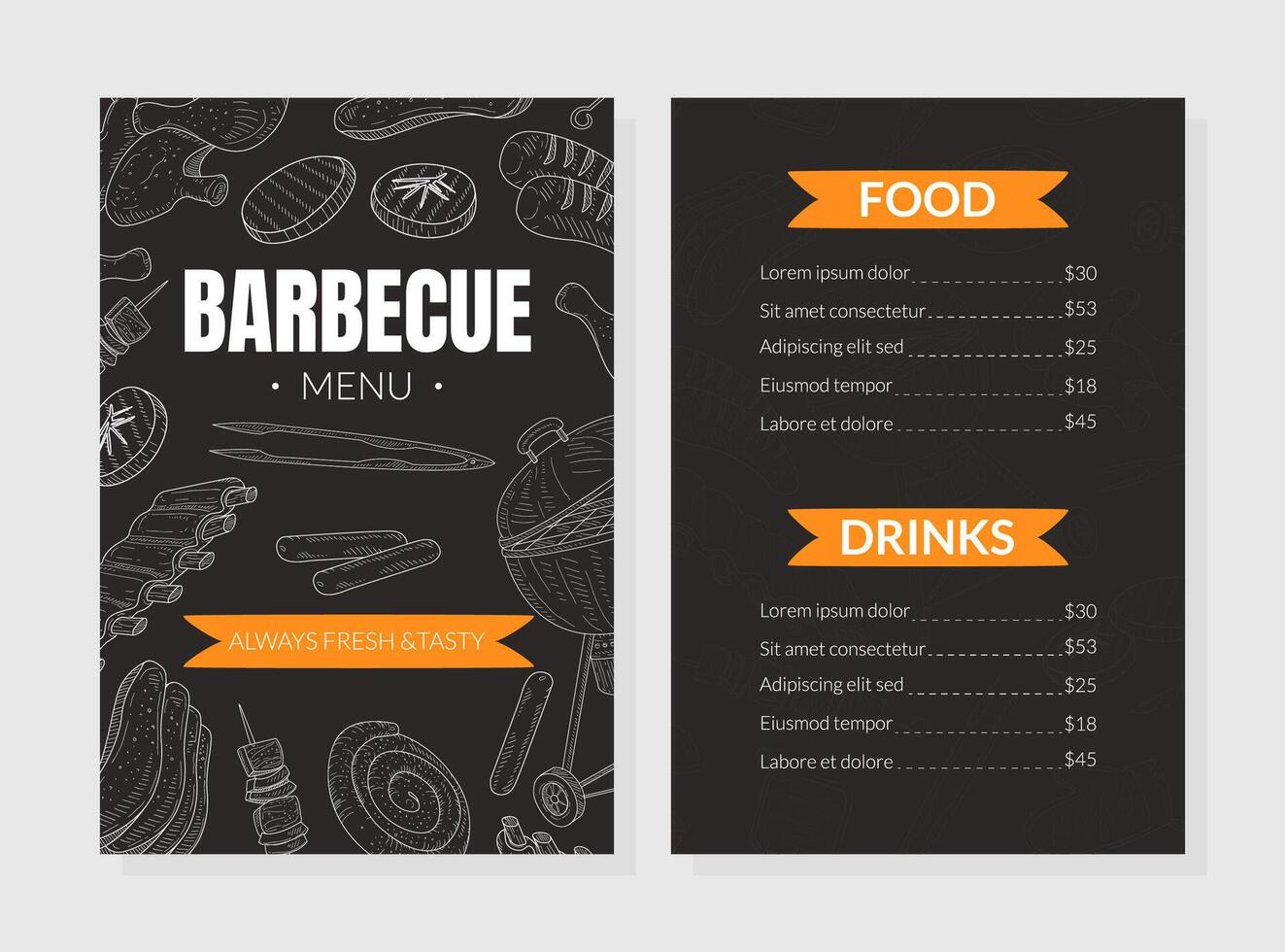BBQ Menu Template with Hand Drawn Grilled Food and Cooking Tools vector