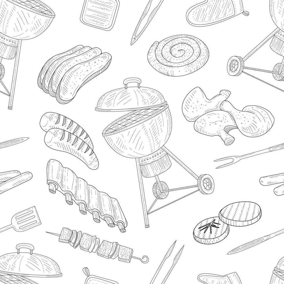 Bbq and Grill Seamless Pattern with Hand Drawn Food all Around vector
