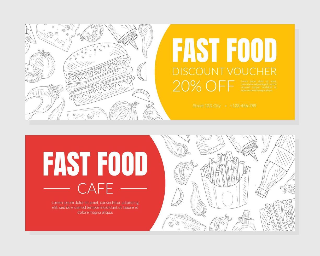 Hand Drawn Fast Food Restaurant Horizontal Discount Vouchers Template vector