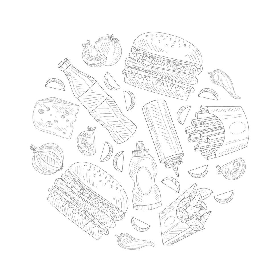 Hand Drawn Fast Food Items and Ingredients Circle Composition vector
