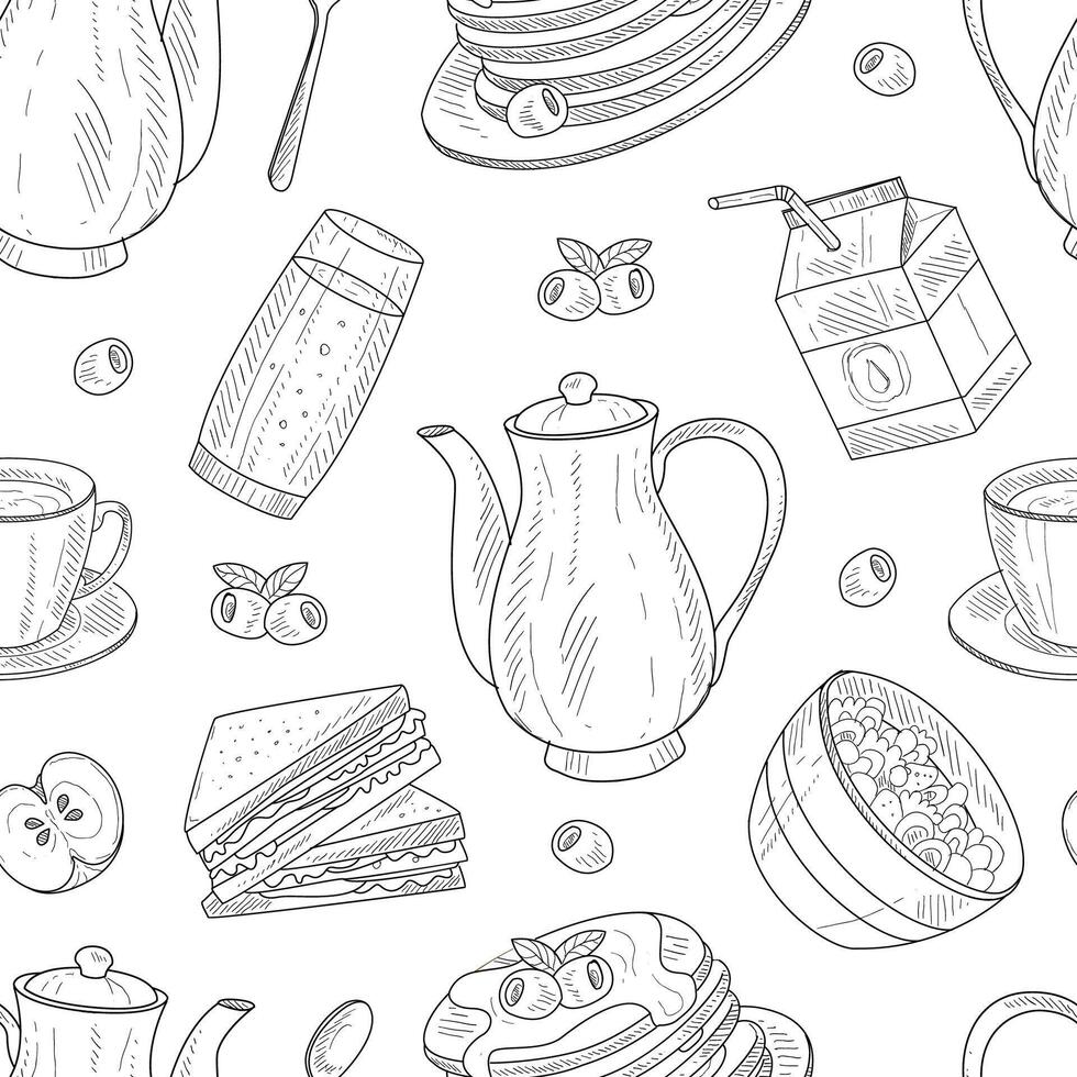 Seamless Pattern with Hand-drawn Breakfast Elements in vector