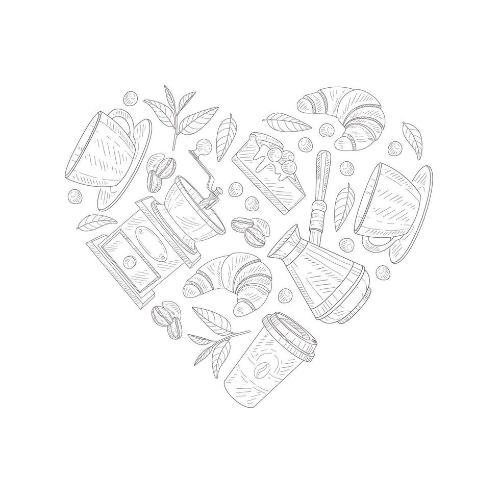 Fresh and Tasty Coffee Shop Symbols Arranged In Heart Shape vector
