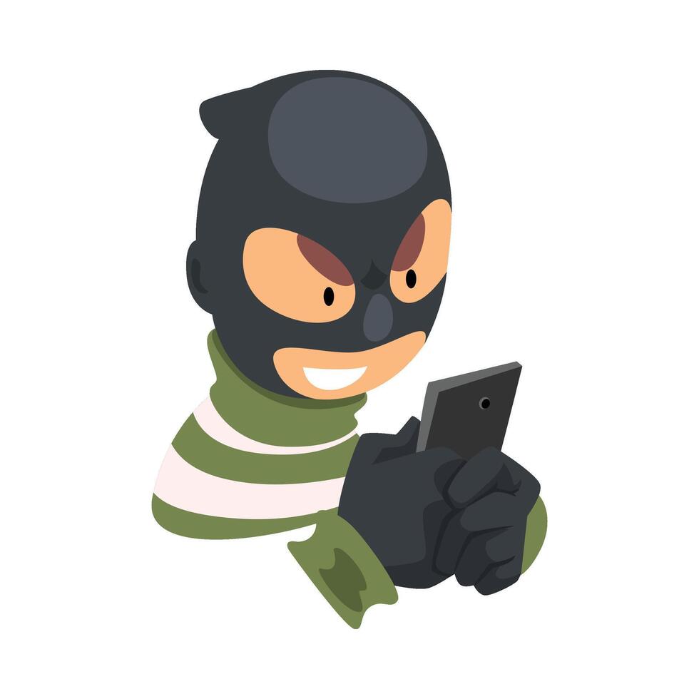 Data Theft. Hacker Wearing Mask Breaking into Smartphone Illustration vector