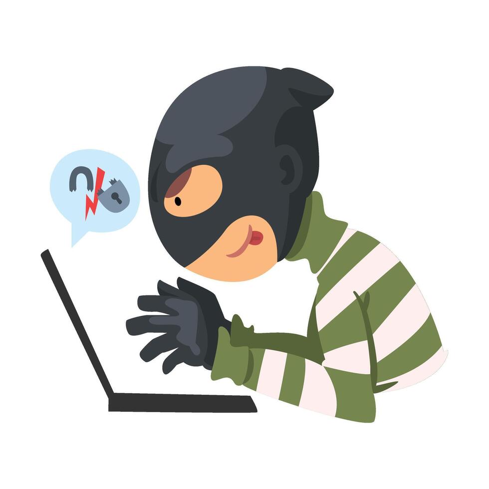 Data Theft. Hacker Wearing Mask Breaking into Laptop Illustration vector